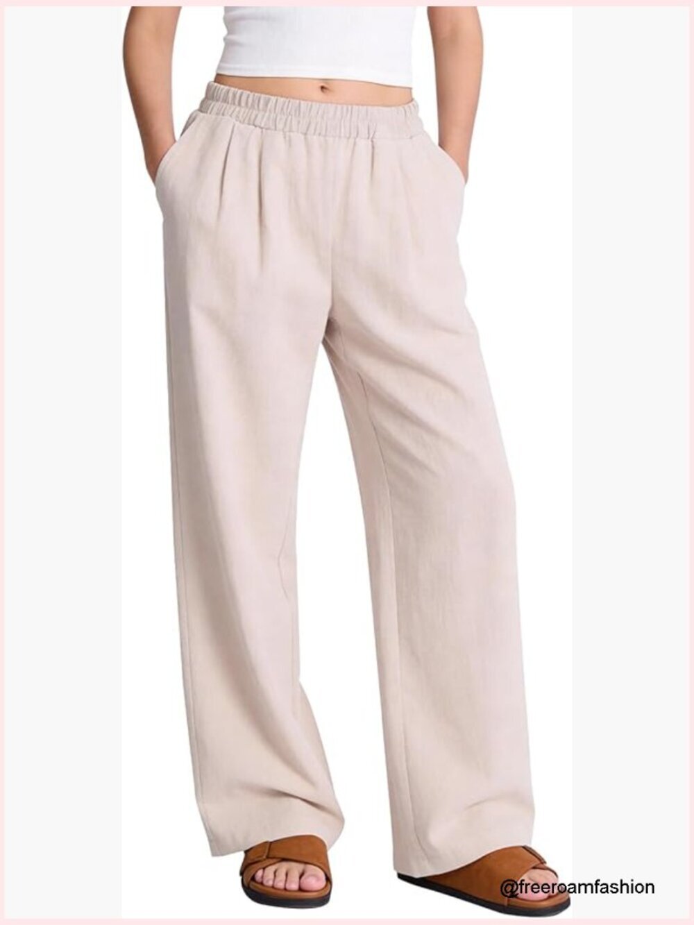 Wide Leg Linen Palazzo Pants Elastic Waist Travel Trousers with Pockets - Picture 1 of 6